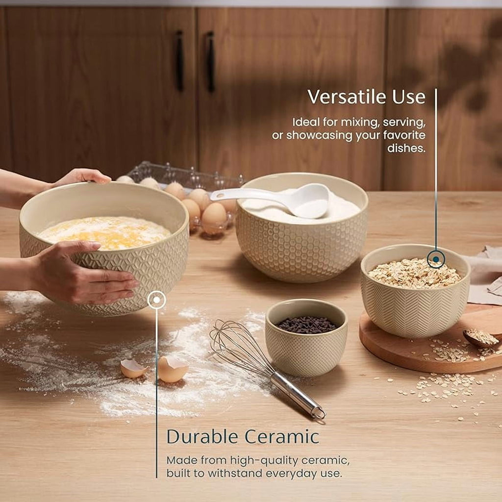 Ceramic Mixing Bowls, Nesting Set of 4, Embossed Kitchen Dishware, Prep, Serving, Gift, Microwave and Dishwasher Safe, 20/44/98/145 oz