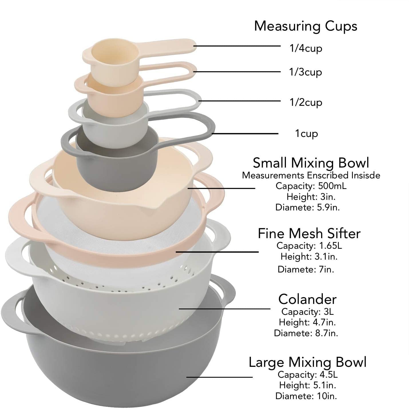 Cook with Color 8 Piece Nesting Bowls with Measuring Cups Colander and Sifter Set - 2 Mixing Bowls, 1 Colander, 1 Sifter and 4 Measuring Cups