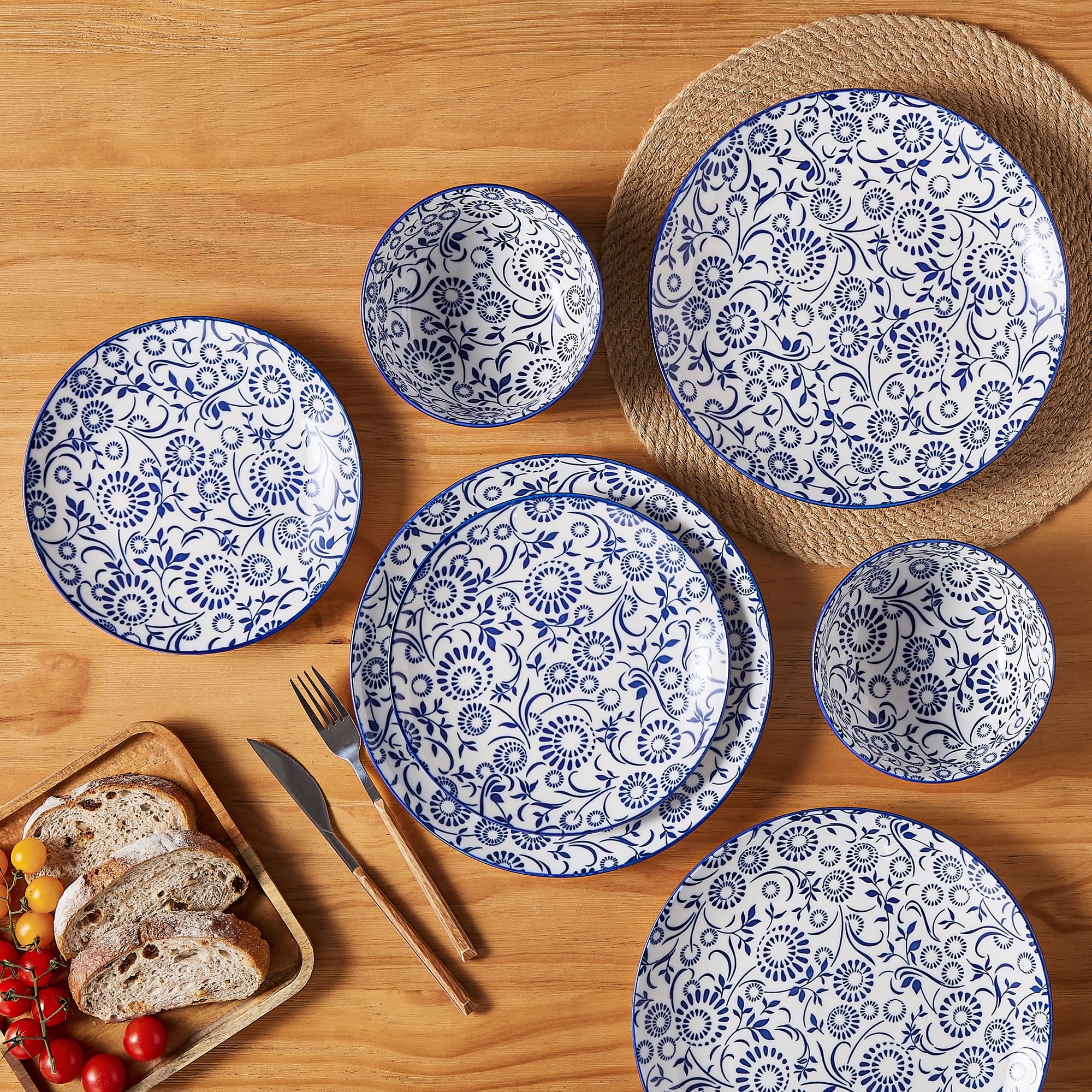MALACASA 12 Piece Blue and White Porcelain Dinnerware Set, Elegant Ceramic Plates and Bowls set for 4, Traditional Floral Design, Dishwasher & Microwave Safe, Vine Flower