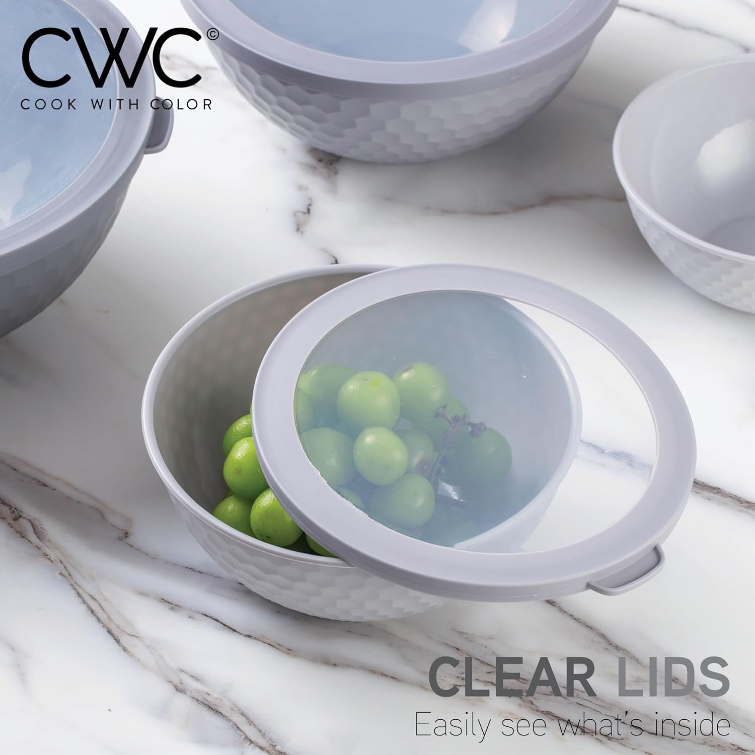 COOK WITH COLOR 12-Pc Mixing Bowls with Lids Set Plastic Bowls for Kitchen, Gray Embossed