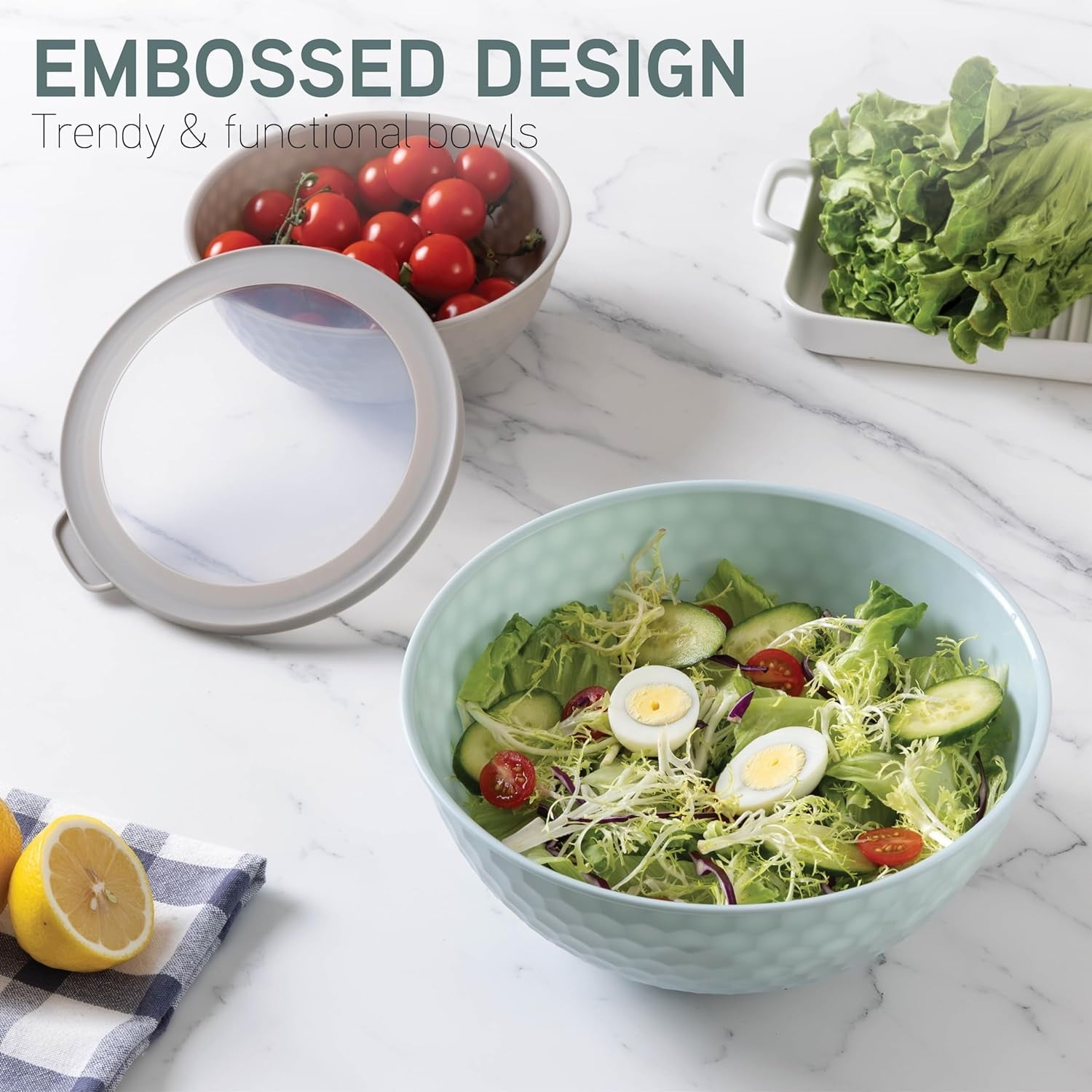 COOK WITH COLOR 12-Pc Mixing Bowls with Lids Set Plastic Bowls for Kitchen, Mint Embossed