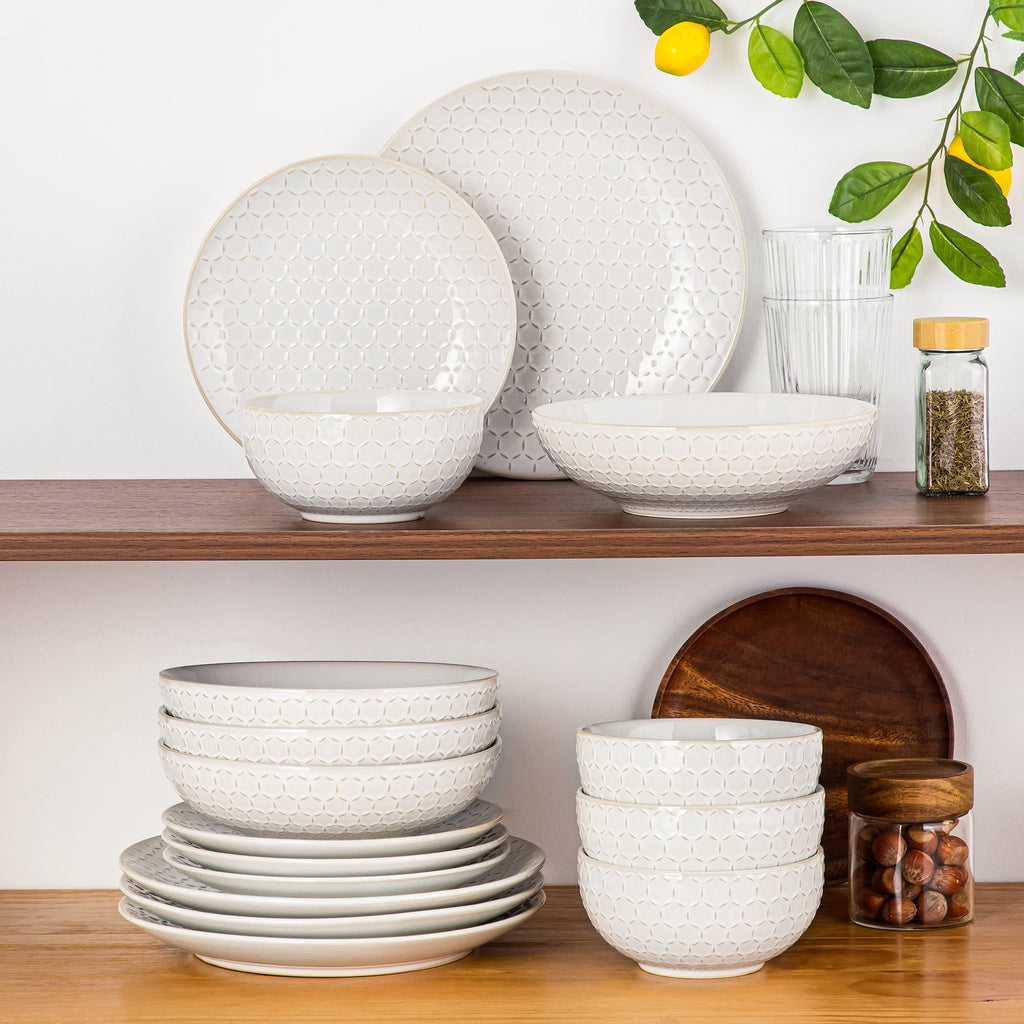 vancasso 16 Pieces Dinnerware Sets, Stoneware Plates and Bowls Set for 4, White Dish Set, Honeycomb Pattern