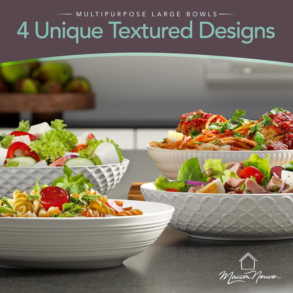 Maison Neuve 4-Piece Textured Porcelain Dinner Bowls Set for Pasta and Soup, 34 oz, 8.5”, White