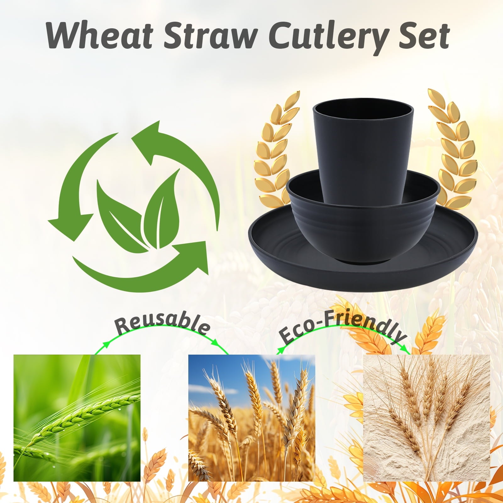 Soulgenix Wheat Straw Dinnerware Sets 32 Pcs, Dinnerware Sets for 8, Unbreakable Microwave Safe, Black