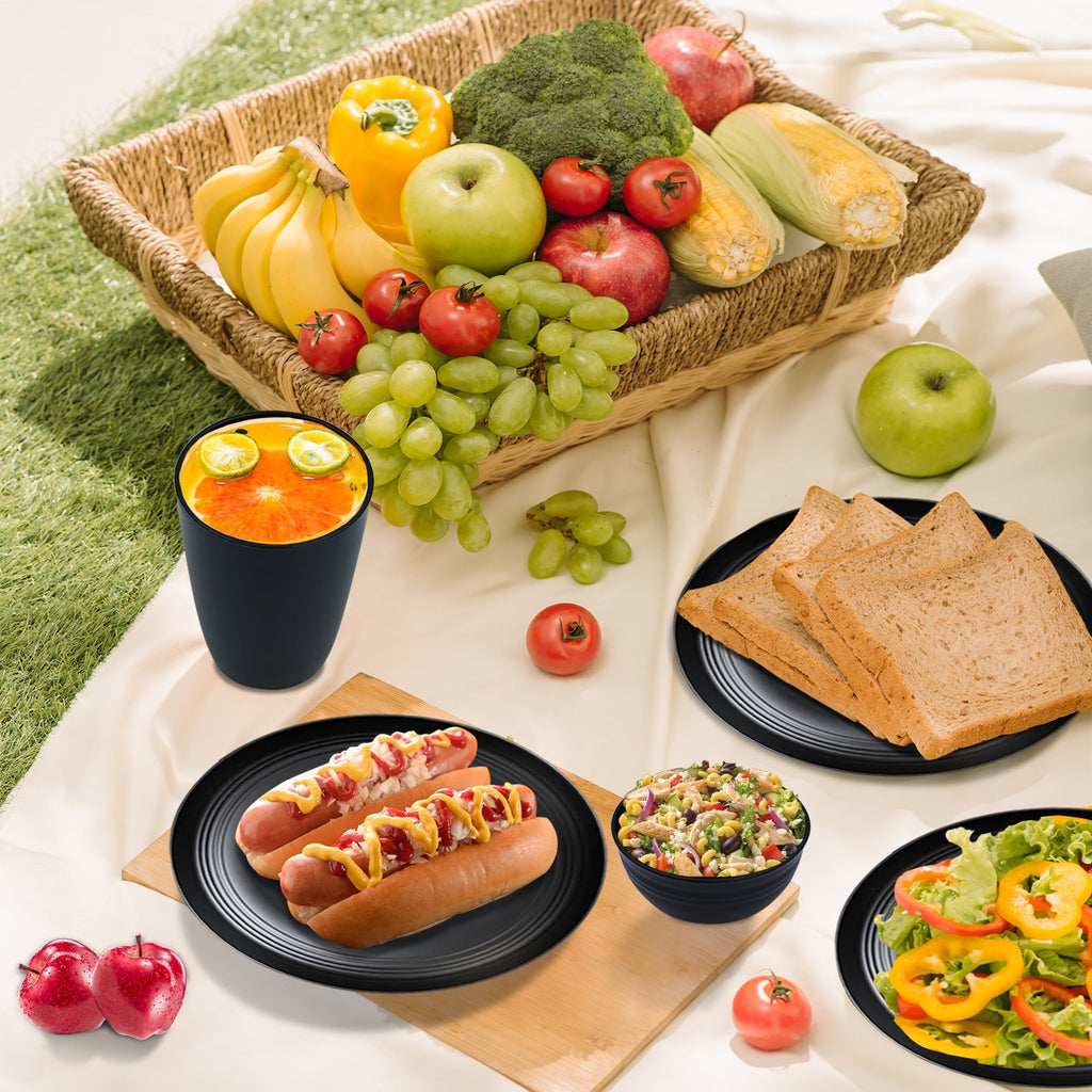 Soulgenix Wheat Straw Dinnerware Sets 32 Pcs, Dinnerware Sets for 8, Unbreakable Microwave Safe, Black