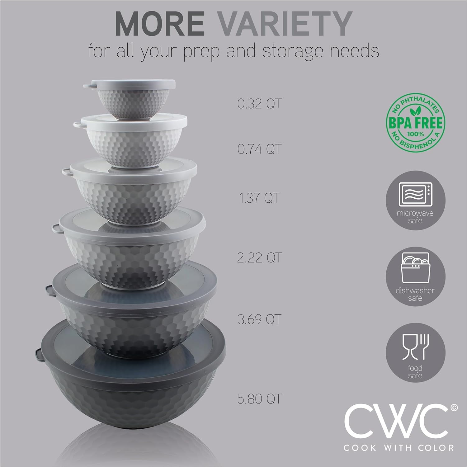 COOK WITH COLOR 12-Pc Mixing Bowls with Lids Set Plastic Bowls for Kitchen, Gray Embossed