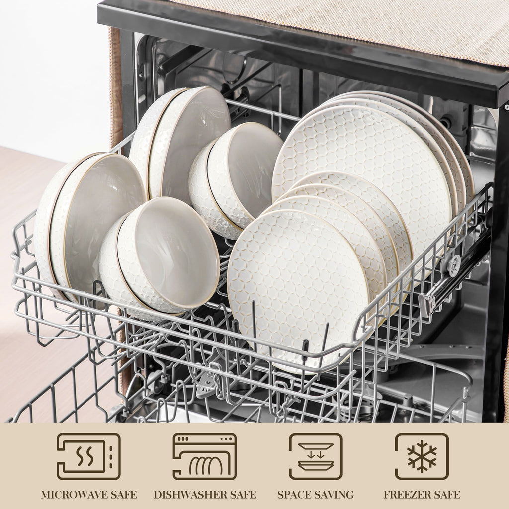 vancasso 16 Pieces Dinnerware Sets, Stoneware Plates and Bowls Set for 4, White Dish Set, Honeycomb Pattern