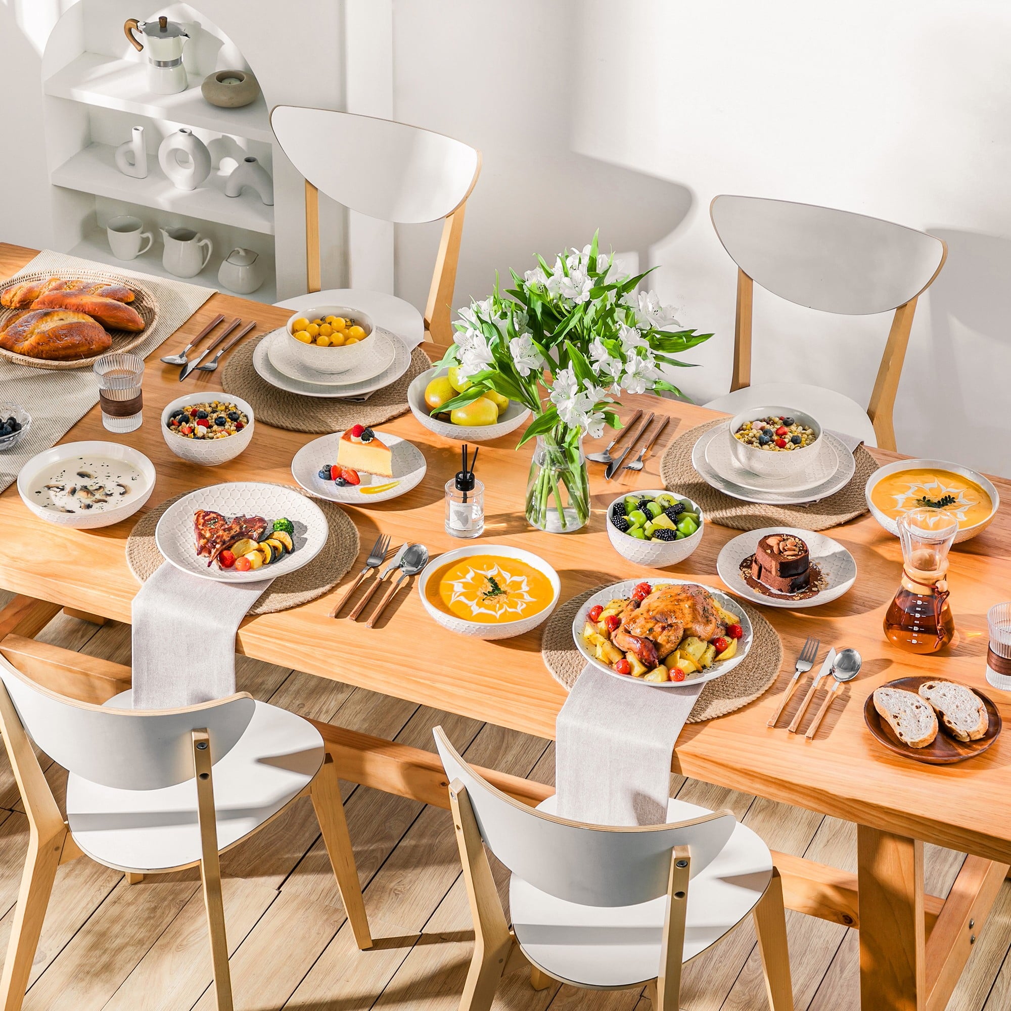 vancasso 16 Pieces Dinnerware Sets, Stoneware Plates and Bowls Set for 4, White Dish Set, Honeycomb Pattern