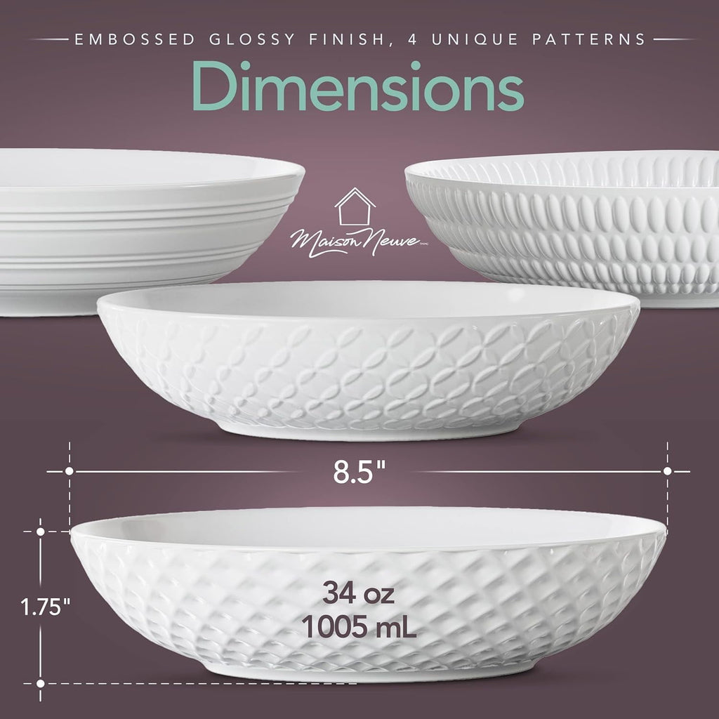 Maison Neuve 4-Piece Textured Porcelain Dinner Bowls Set for Pasta and Soup, 34 oz, 8.5”, White
