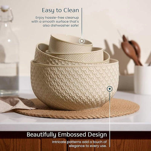 Ceramic Mixing Bowls, Nesting Set of 4, Embossed Kitchen Dishware, Prep, Serving, Gift, Microwave and Dishwasher Safe, 20/44/98/145 oz