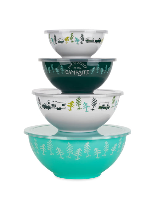 Camco Life is Better at the Campsite Nesting Bowl Set, 8 Piece, Multicolor (53451)