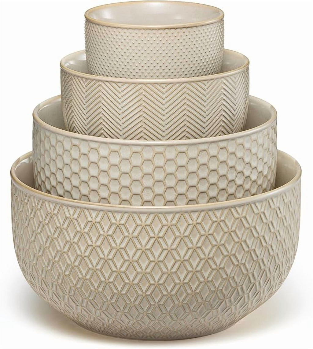 Ceramic Mixing Bowls, Nesting Set of 4, Embossed Kitchen Dishware, Prep, Serving, Gift, Microwave and Dishwasher Safe, 20/44/98/145 oz