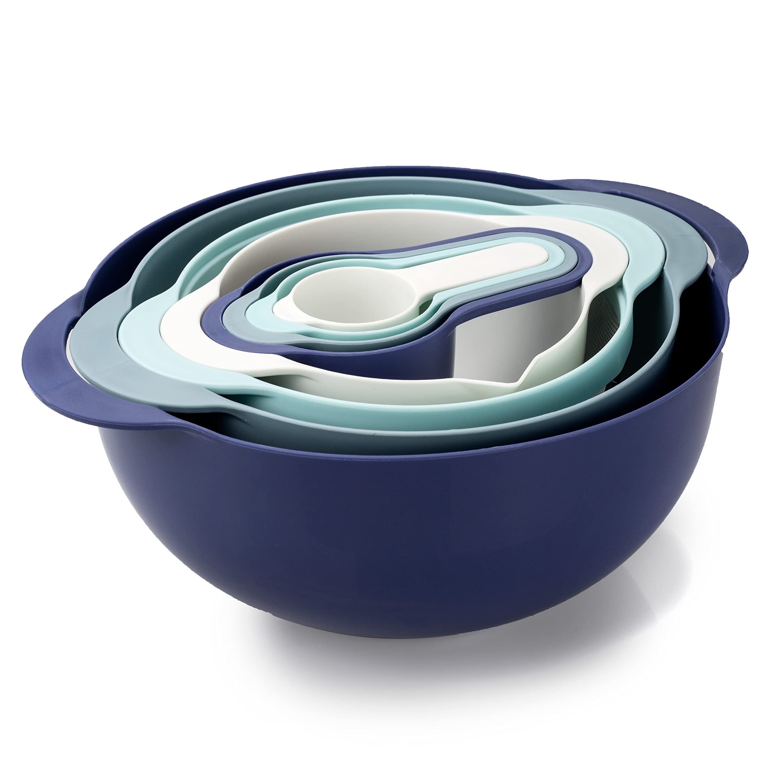 Cook with Color 8 Piece Nesting Bowls with Measuring Cups Colander and Sifter Set - 2 Mixing Bowls, 1 Colander, 1 Sifter and 4 Measuring Cups