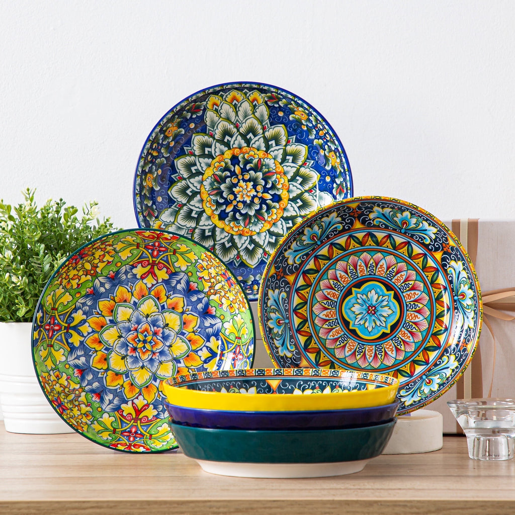 Malacasa 32oz Pasta Bowls, Porcelain Salad Bowls Set of 6, Dishwasher and Microwave Safe, Bohemian Color A