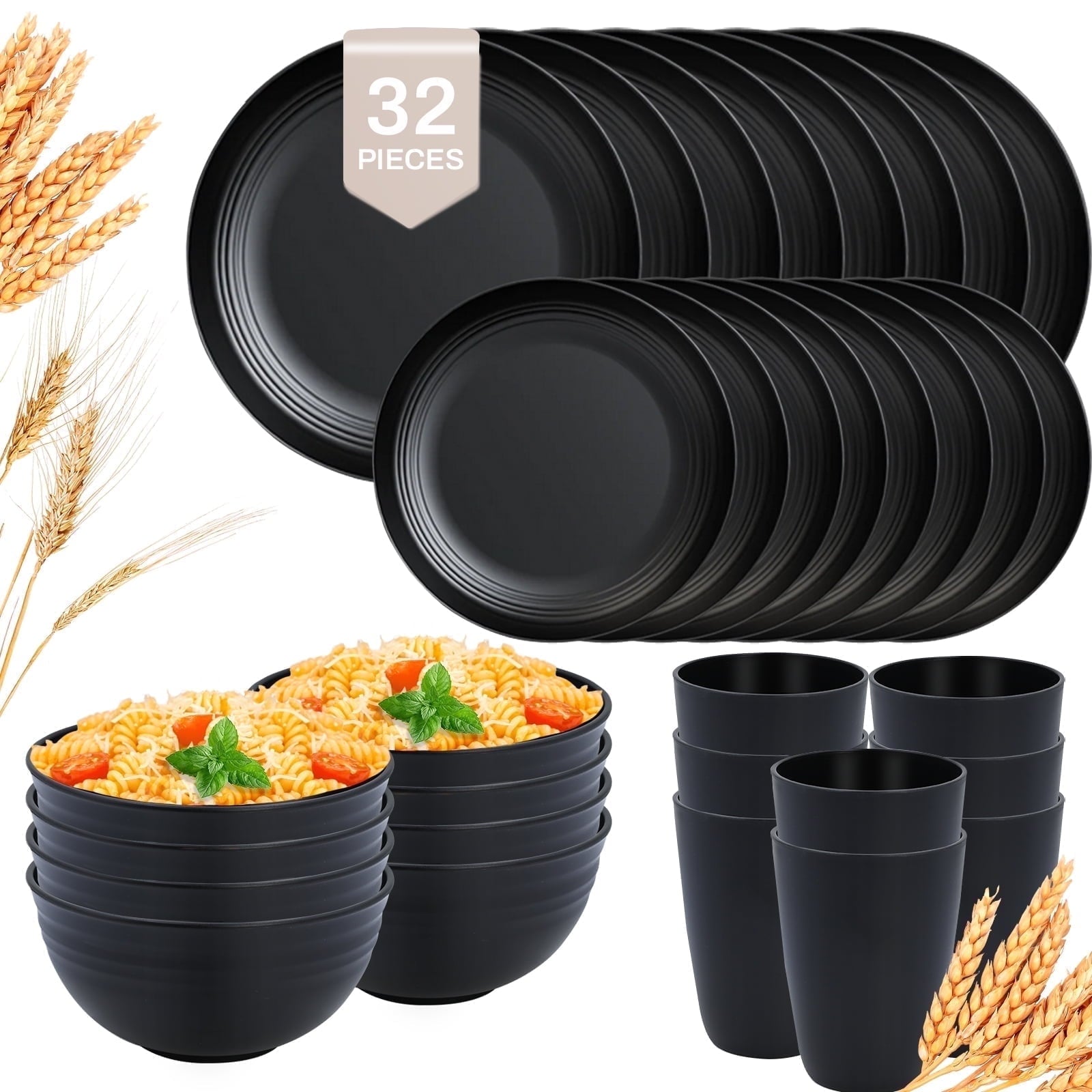 Soulgenix Wheat Straw Dinnerware Sets 32 Pcs, Dinnerware Sets for 8, Unbreakable Microwave Safe, Black