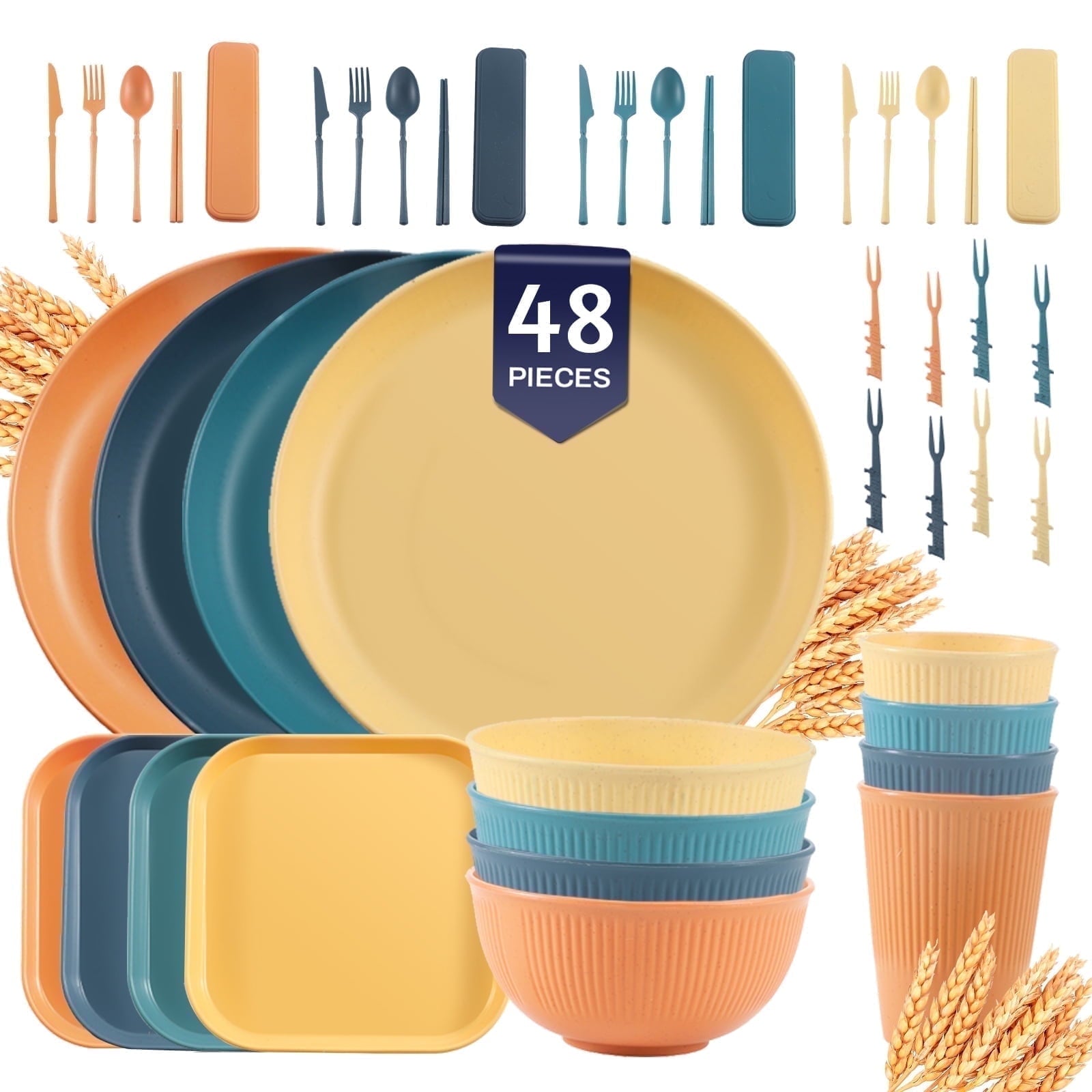 Soulgenix Wheat Straw Dinnerware Sets 32 Pcs, Dinnerware Sets for 8, Unbreakable Microwave Safe, Black