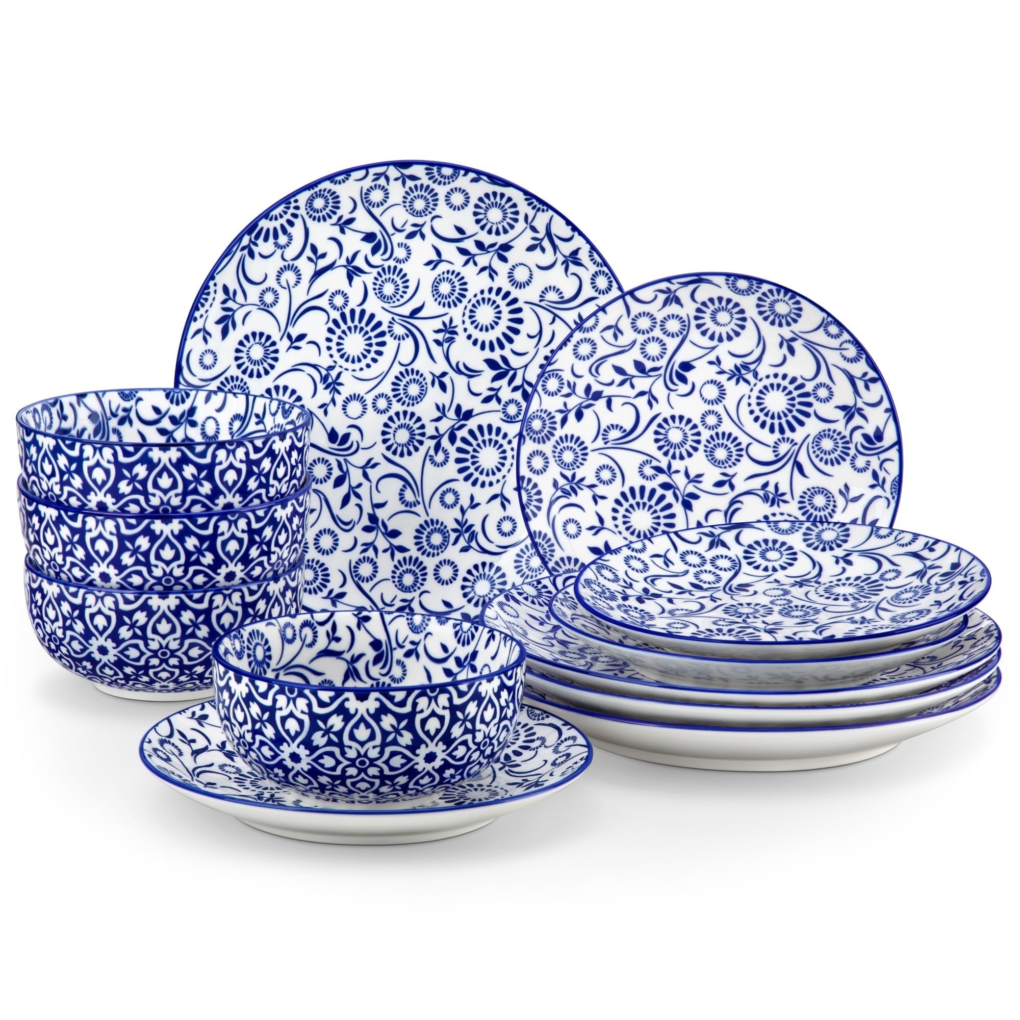 MALACASA 12 Piece Blue and White Porcelain Dinnerware Set, Elegant Ceramic Plates and Bowls set for 4, Traditional Floral Design, Dishwasher & Microwave Safe, Vine Flower