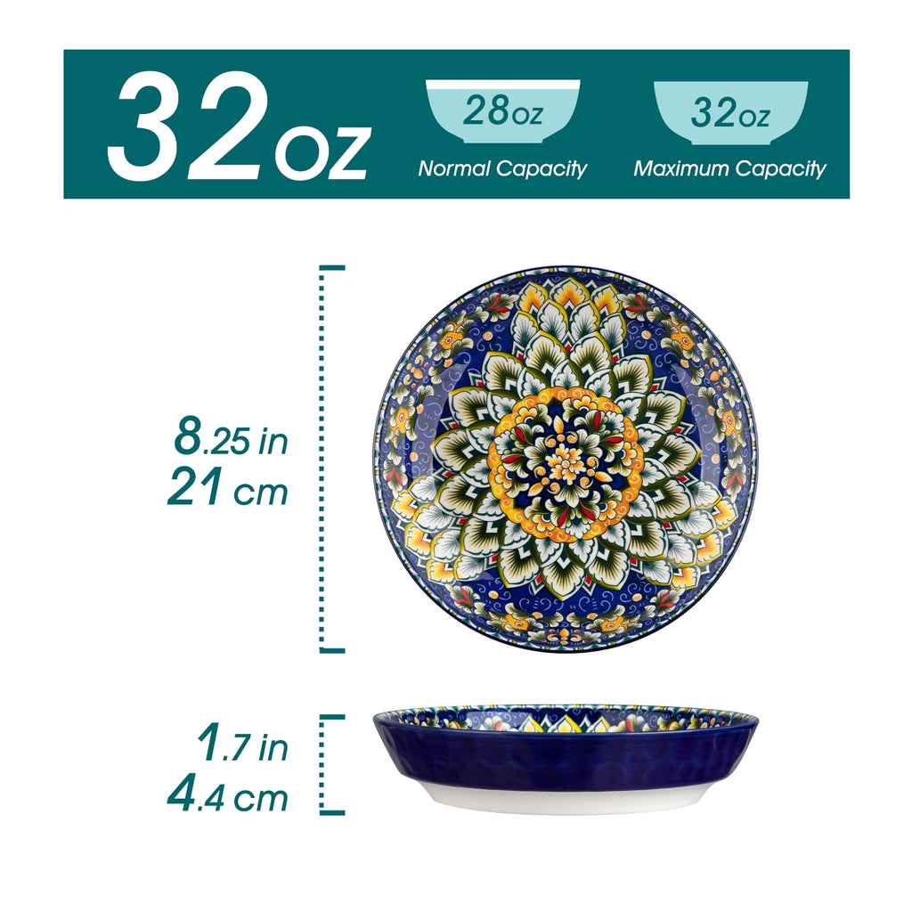 Malacasa 32oz Pasta Bowls, Porcelain Salad Bowls Set of 6, Dishwasher and Microwave Safe, Bohemian Color A