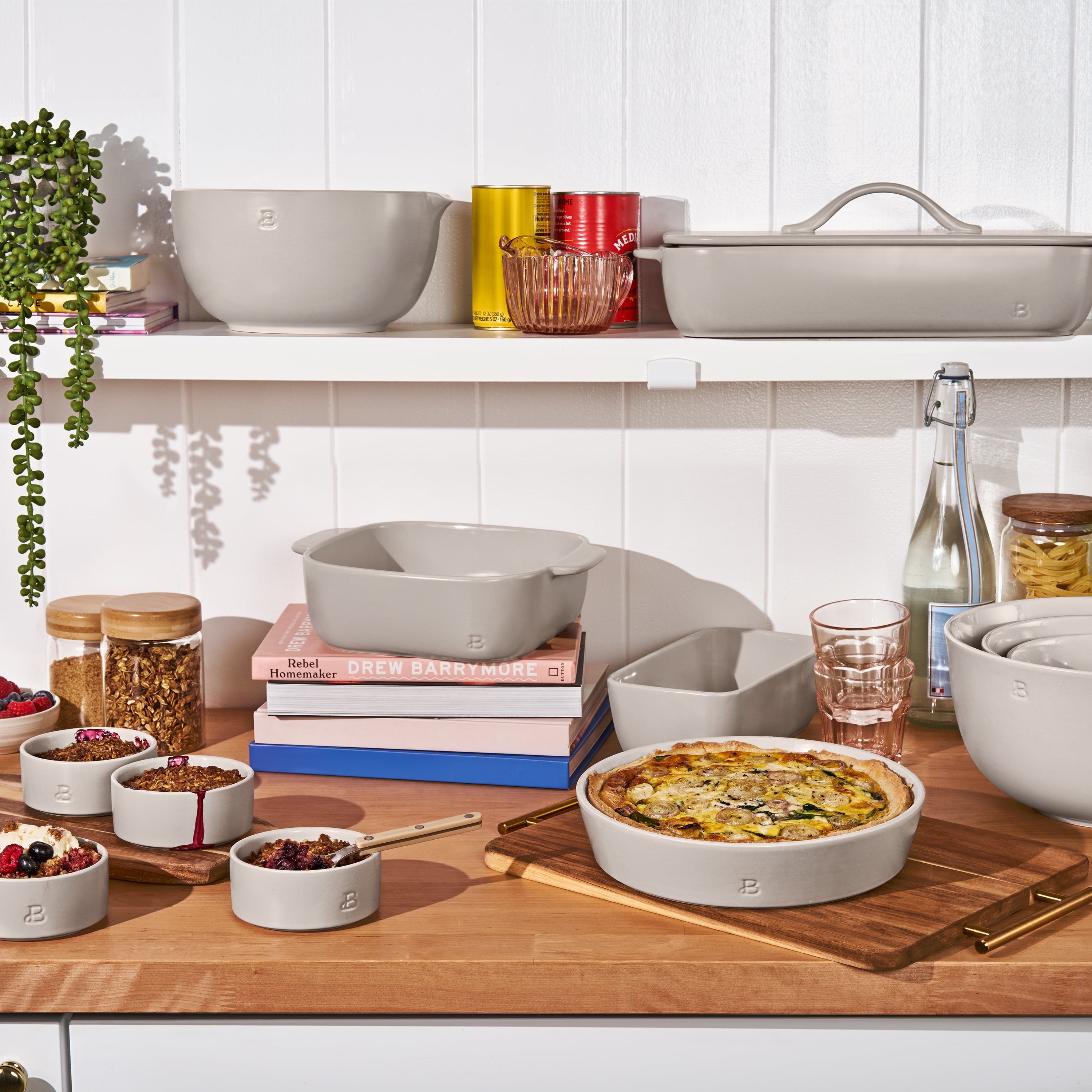 Beautiful 3-Piece Stoneware Nesting Mixing Bowl Set, Porcini Taupe by Drew Barrymore