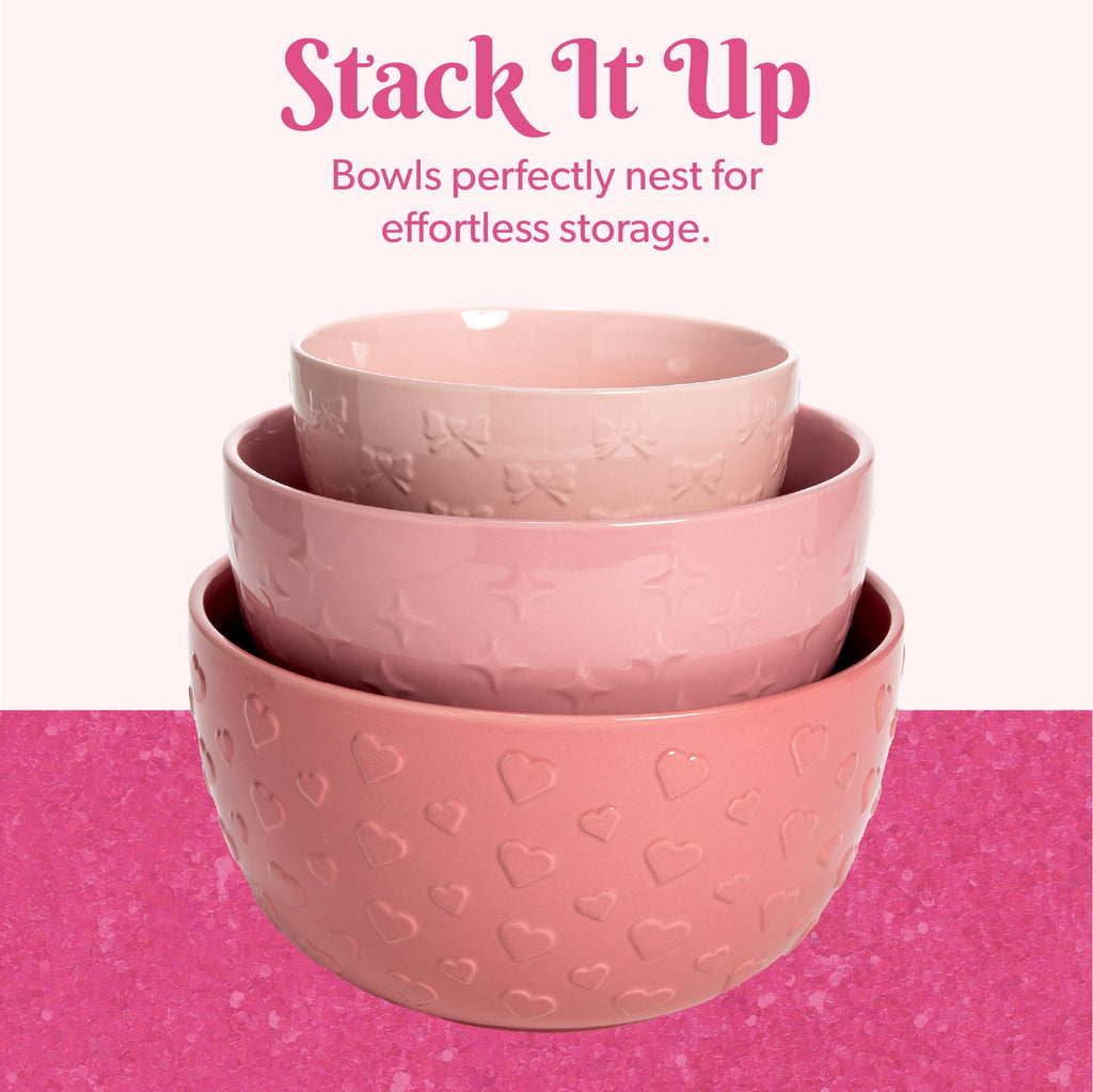 Paris Hilton 3 Piece Ceramic Bowl Set, Durable Stoneware, 1.5qt., 3qt., 5qt. Sizes