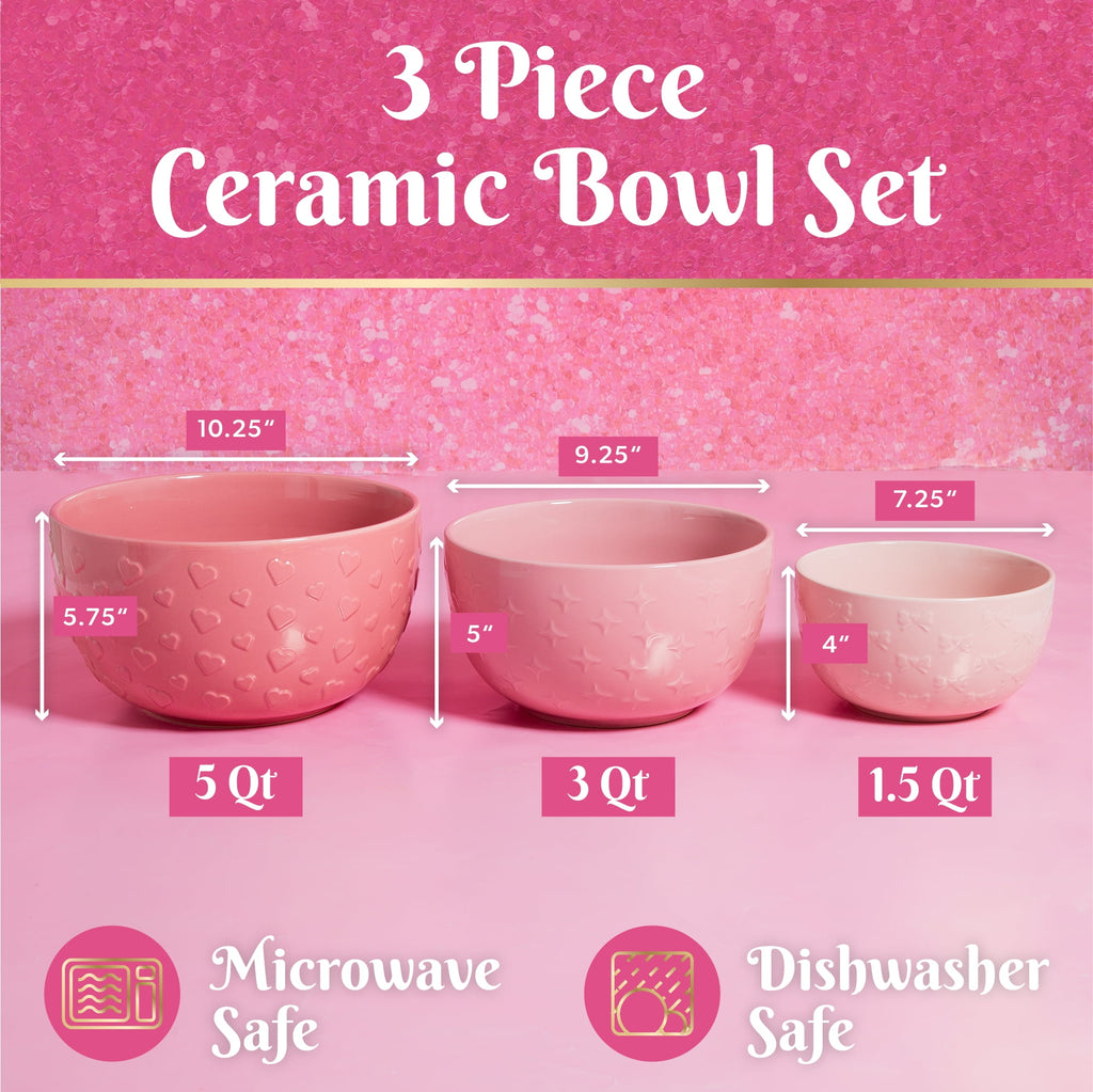 Paris Hilton 3 Piece Ceramic Bowl Set, Durable Stoneware, 1.5qt., 3qt., 5qt. Sizes