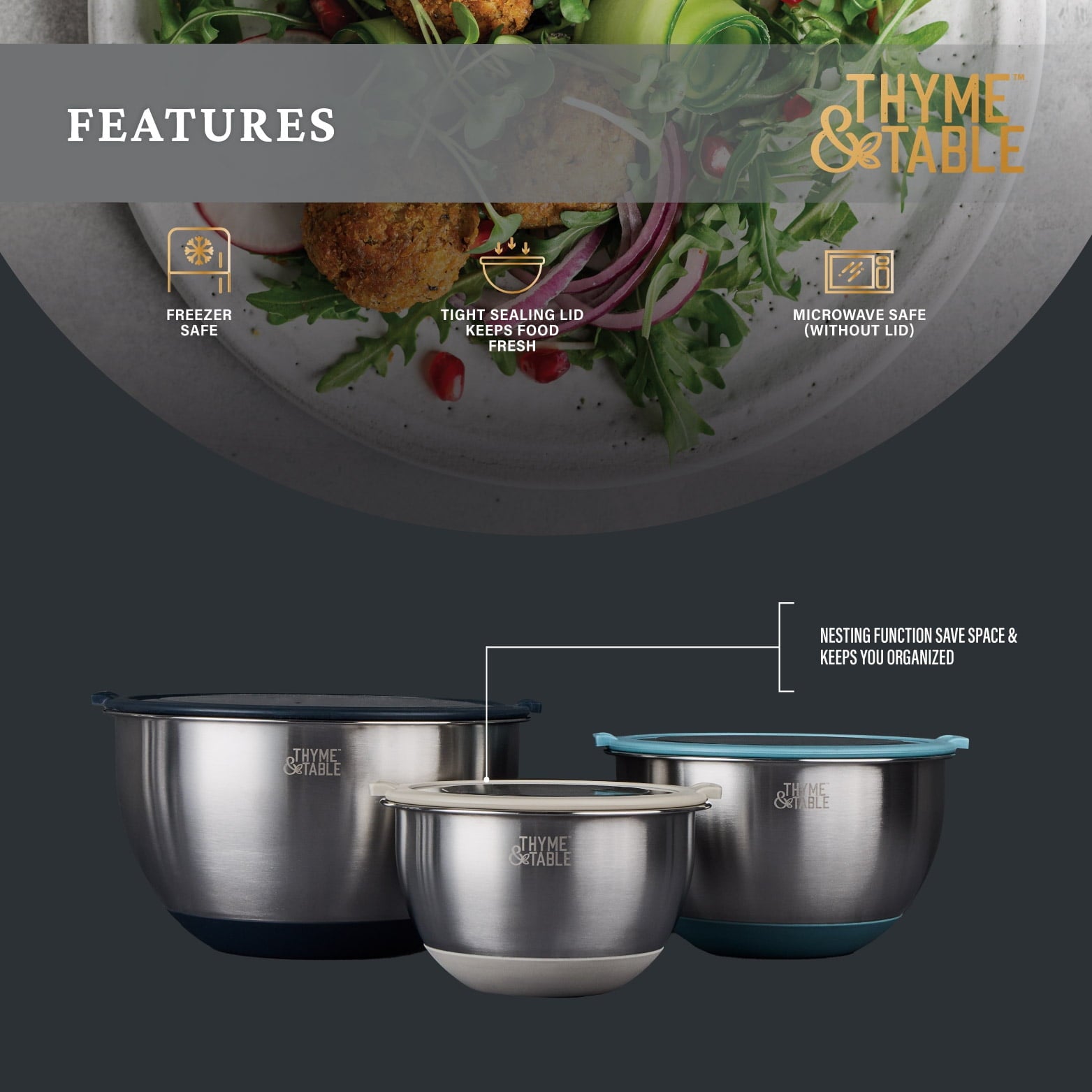 Thyme & Table 6-Piece Nesting Mixing Bowl Set with Easy Grip Transparent Lids - Blue