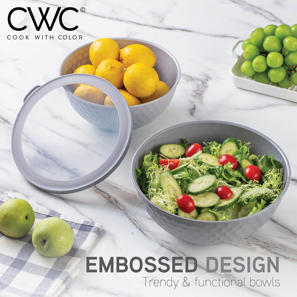 COOK WITH COLOR 12-Pc Mixing Bowls with Lids Set Plastic Bowls for Kitchen, Gray Embossed