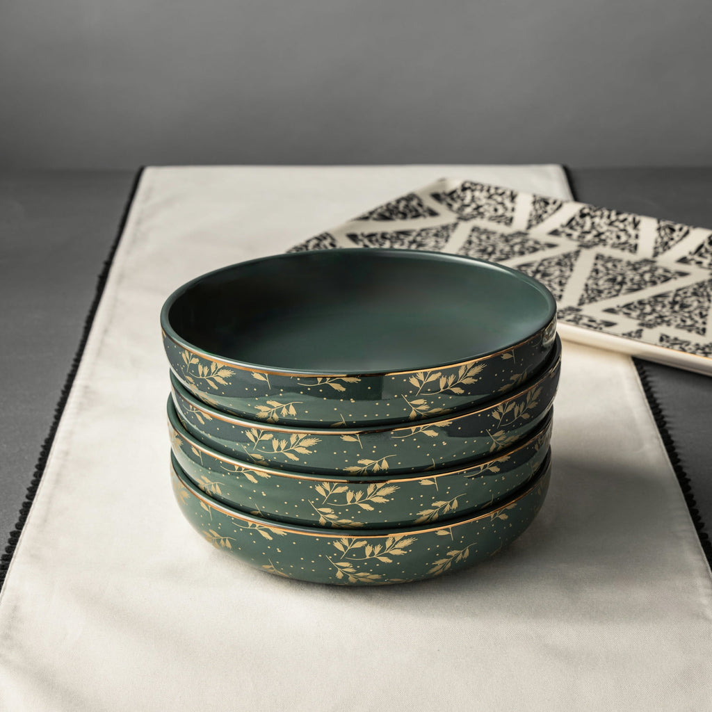 Thyme & Table Holiday Leaves 4-Pack Ceramic Low Bowl Set - Green