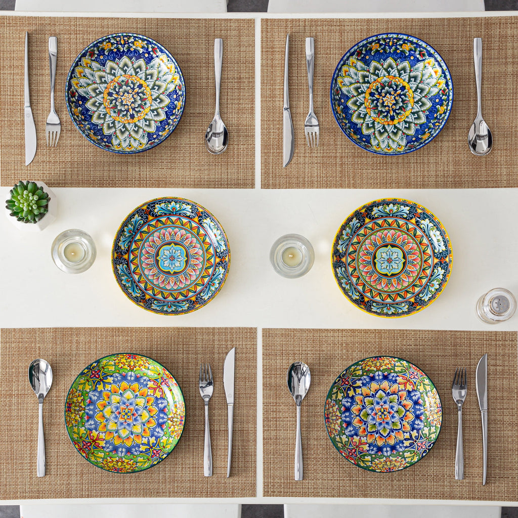 Malacasa 32oz Pasta Bowls, Porcelain Salad Bowls Set of 6, Dishwasher and Microwave Safe, Bohemian Color A