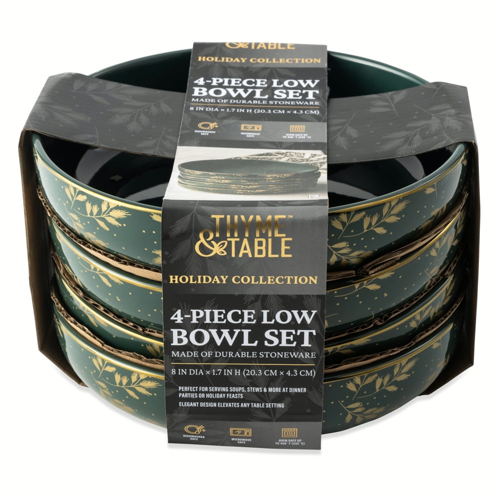 Thyme & Table Holiday Leaves 4-Pack Ceramic Low Bowl Set - Green