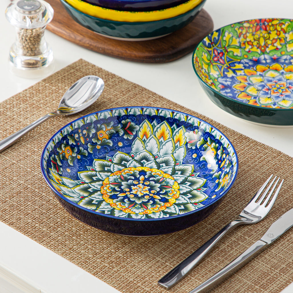 Malacasa 32oz Pasta Bowls, Porcelain Salad Bowls Set of 6, Dishwasher and Microwave Safe, Bohemian Color A