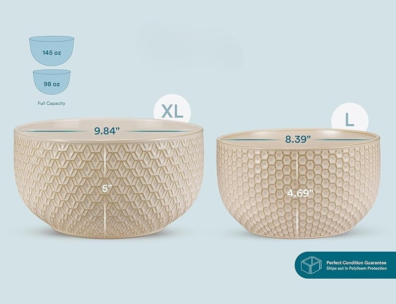 Ceramic Mixing Bowls, Nesting Set of 4, Embossed Kitchen Dishware, Prep, Serving, Gift, Microwave and Dishwasher Safe, 20/44/98/145 oz