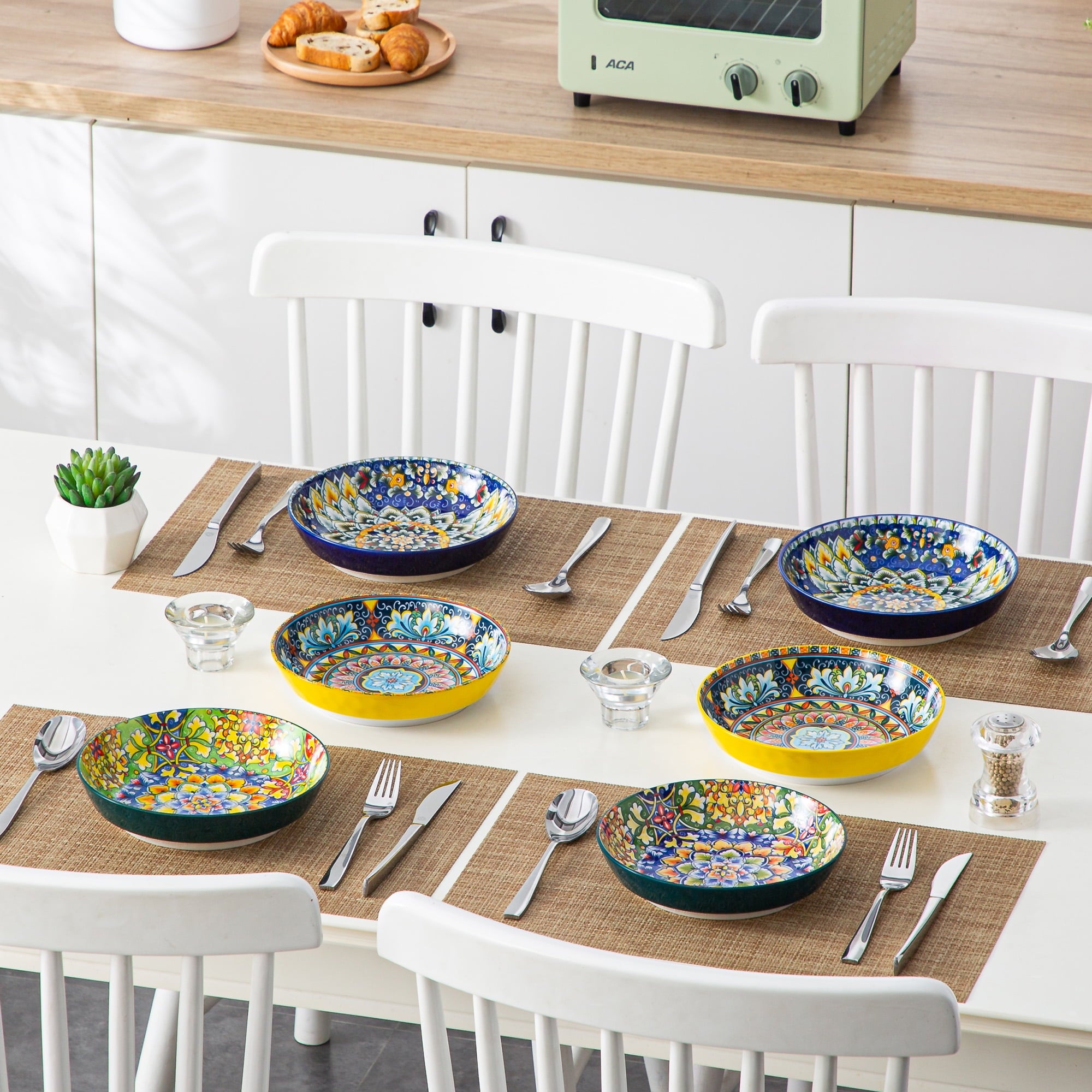 Malacasa 32oz Pasta Bowls, Porcelain Salad Bowls Set of 6, Dishwasher and Microwave Safe, Bohemian Color A