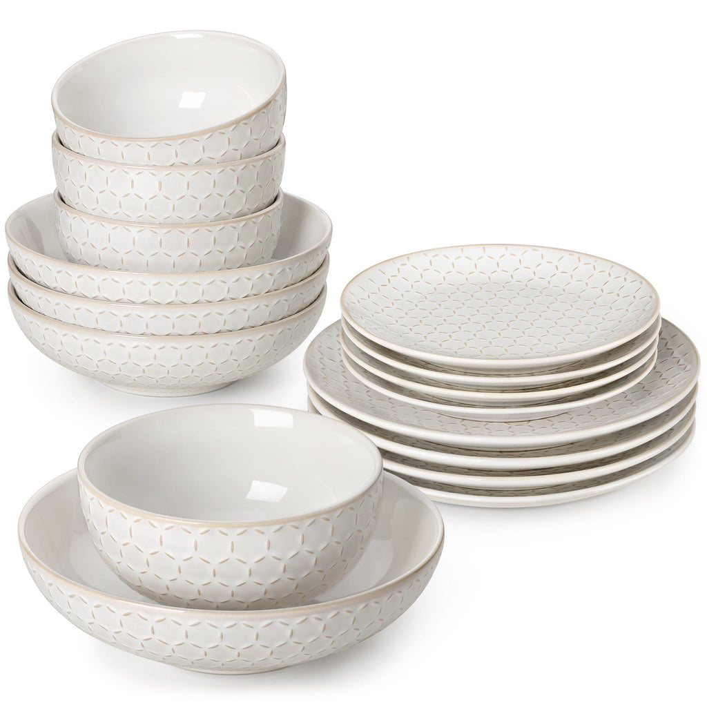 vancasso 16 Pieces Dinnerware Sets, Stoneware Plates and Bowls Set for 4, White Dish Set, Honeycomb Pattern